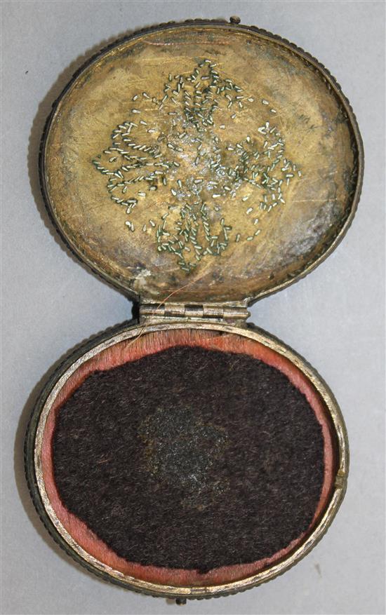 An 18th century oval shagreen and pique work miniature case, 2in.